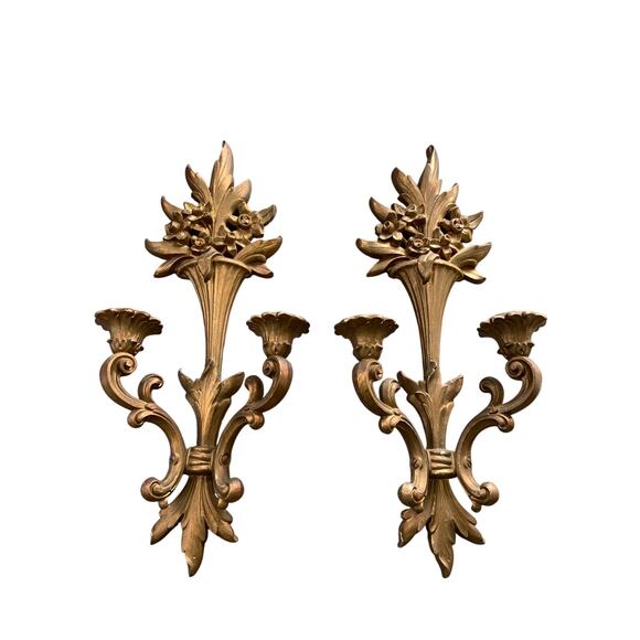 Vintage 1950s Pair of Syroco Wood 2 Arm Wall Sconces Gold Gilt Hollywood Regency - Picture 2 of 11